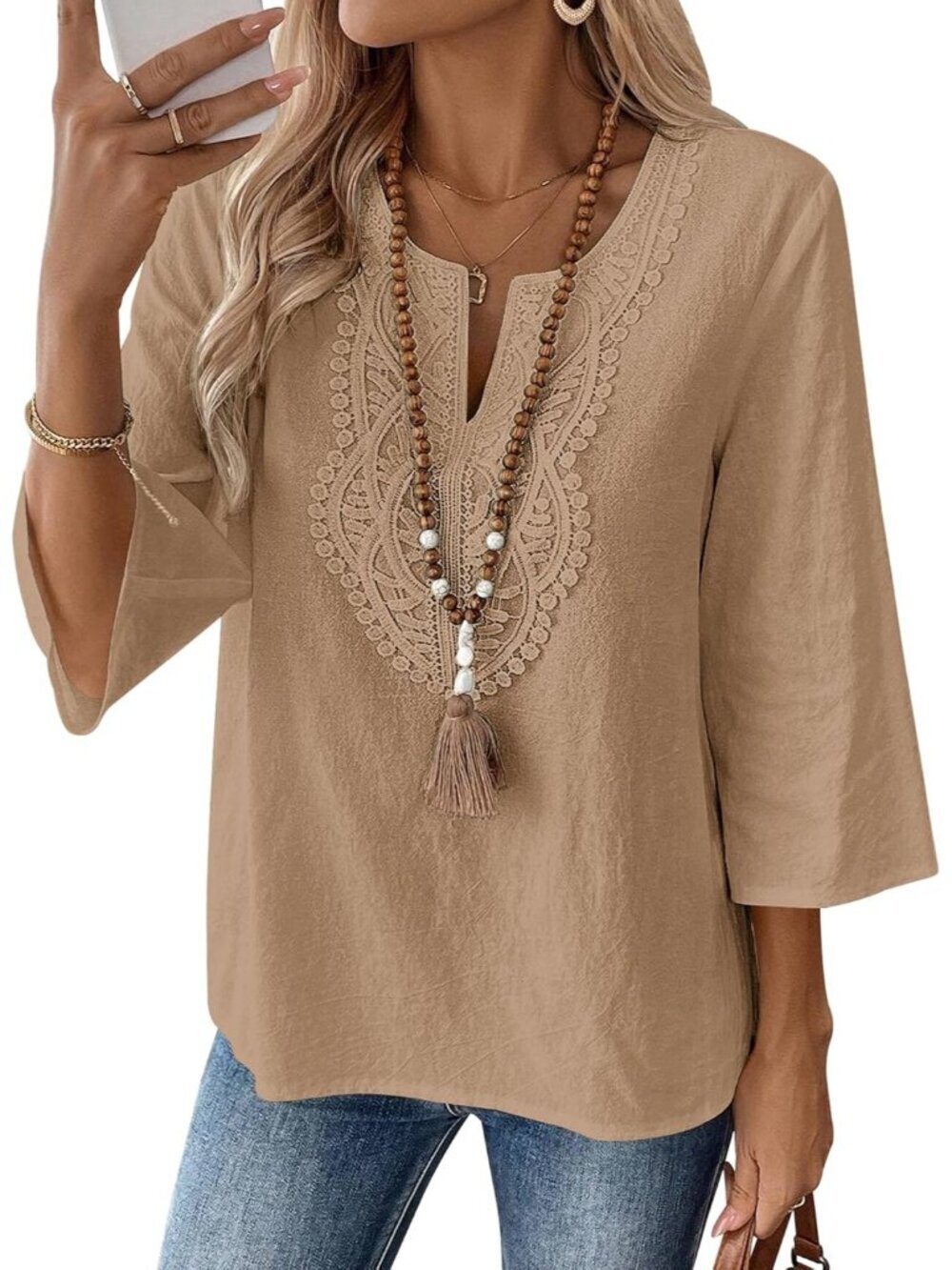 Womens Dark Khaki V Neck Pull On Loose Fit Blouses Sleeve Top Cotton Linen Shirt